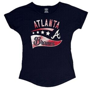 Atlanta Braves Tshirt Girls Medium 10-12 Navy Stars Stripes Baseball Tee MLB NWT